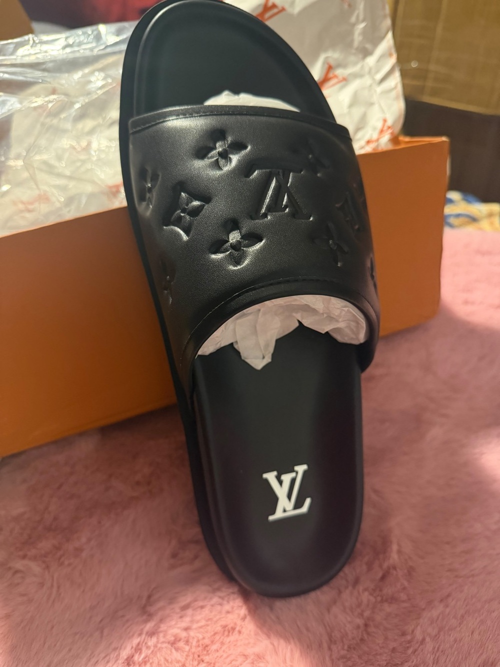 Louis Vuitton Black Embossed Monogram Slide Sandals